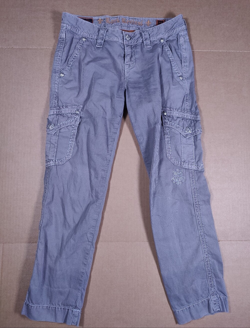 Rock Revival Women's Gray Cotton Cargo Utility Ankle Pants Embroidered Size 25
